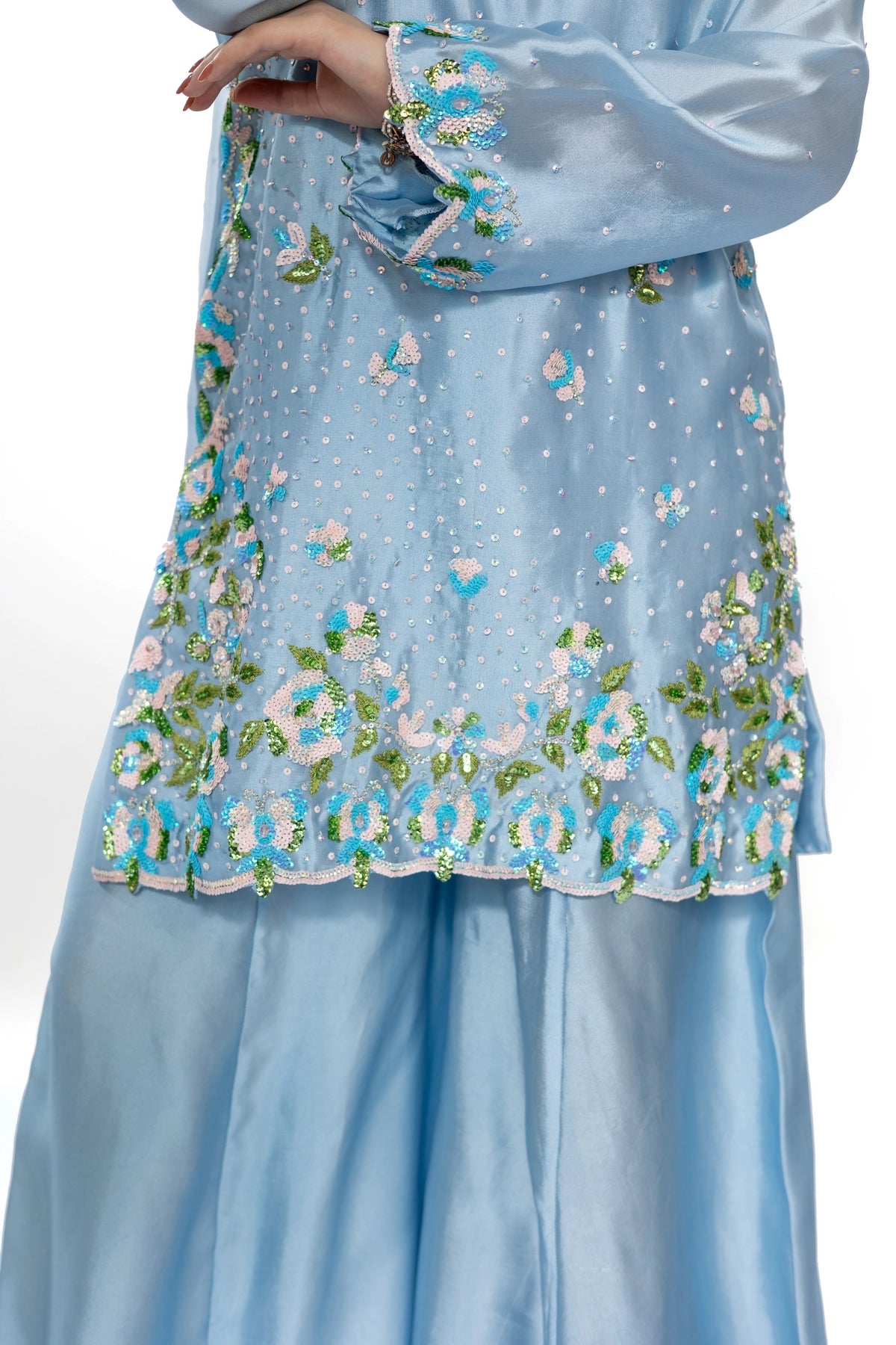 Madhubala periwinkle blue sequin handwork Sheesha silk suit with organza dupatta by MariamRaj