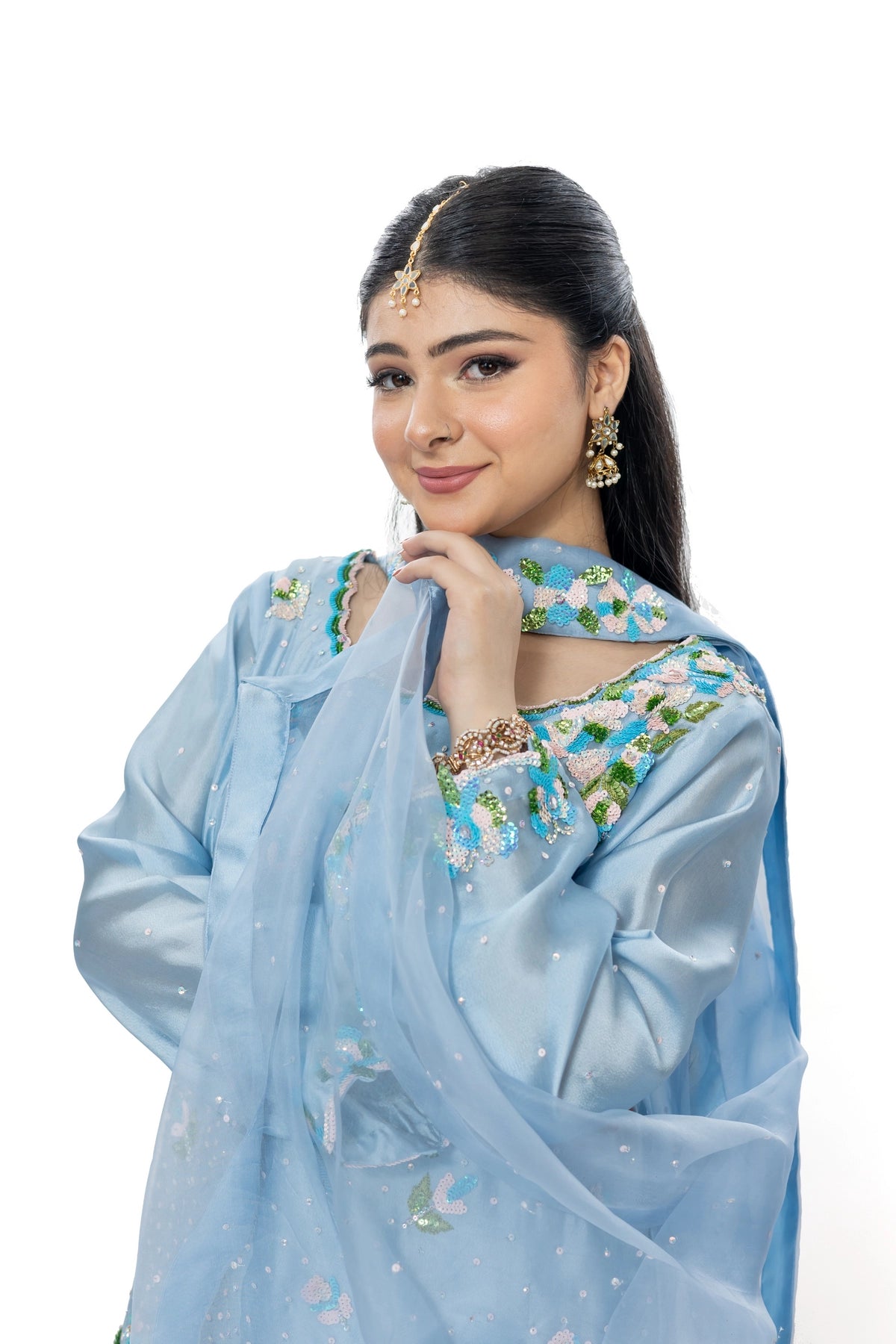 Madhubala periwinkle blue sequin handwork Sheesha silk suit with organza dupatta by MariamRaj