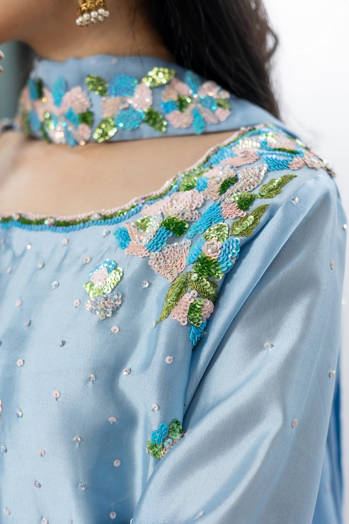 Madhubala periwinkle blue sequin handwork Sheesha silk suit with organza dupatta by MariamRaj