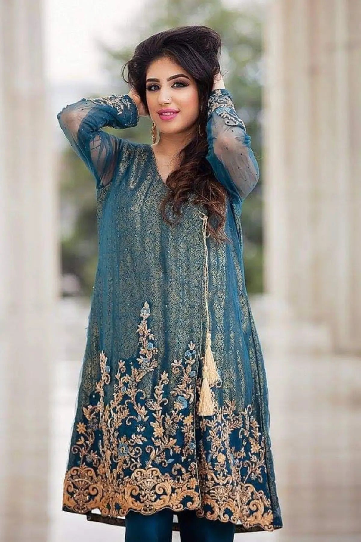 Magnificent Teal- Designer Net Angrakha with Jamawar inner and Silk Pants