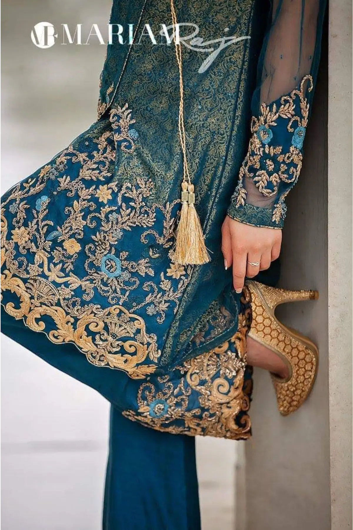 Magnificent Teal- Designer Net Angrakha with Jamawar inner and Silk Pants