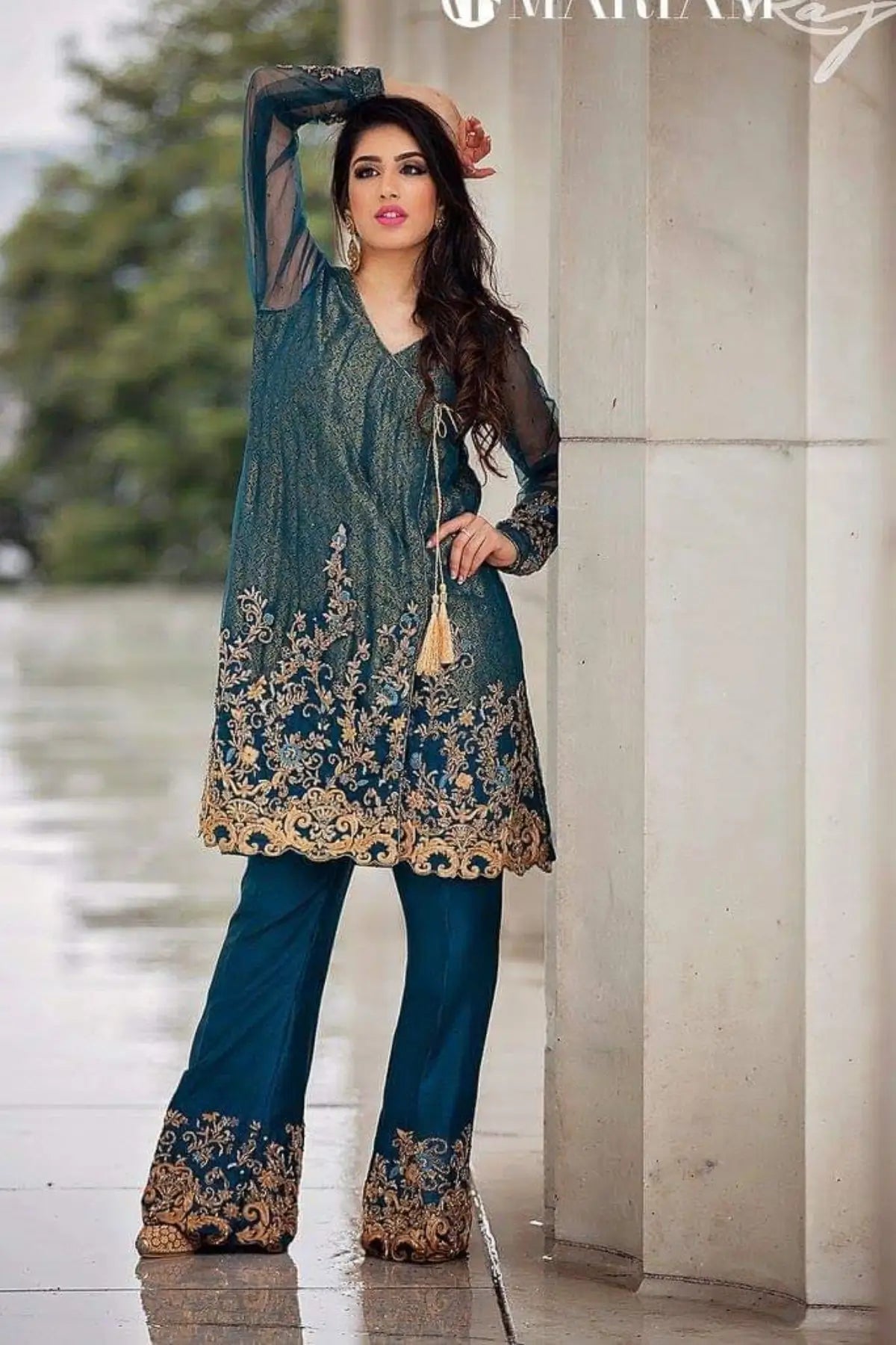 Magnificent Teal- Designer Net Angrakha with Jamawar inner and Silk Pants