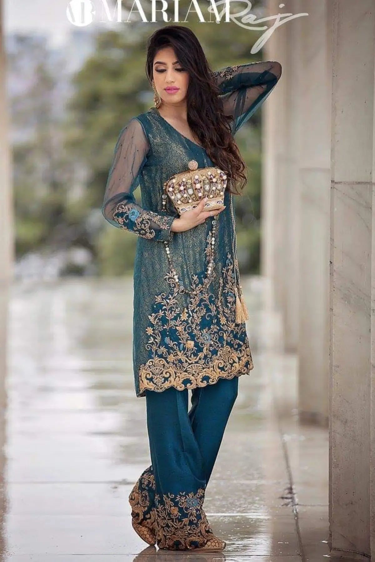 Magnificent Teal- Designer Net Angrakha with Jamawar inner and Silk Pants