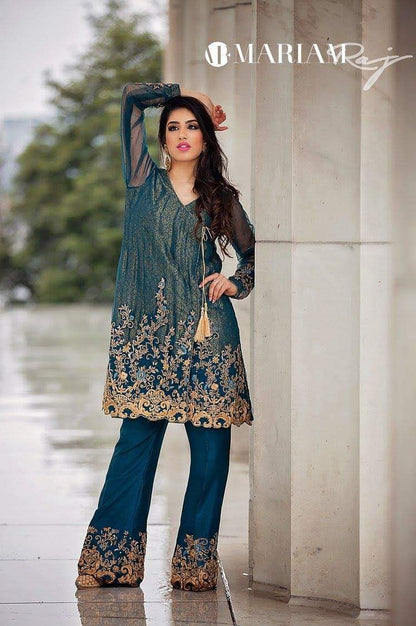 Magnificent Teal- Designer Net Angrakha with Jamawar inner and Silk Pants