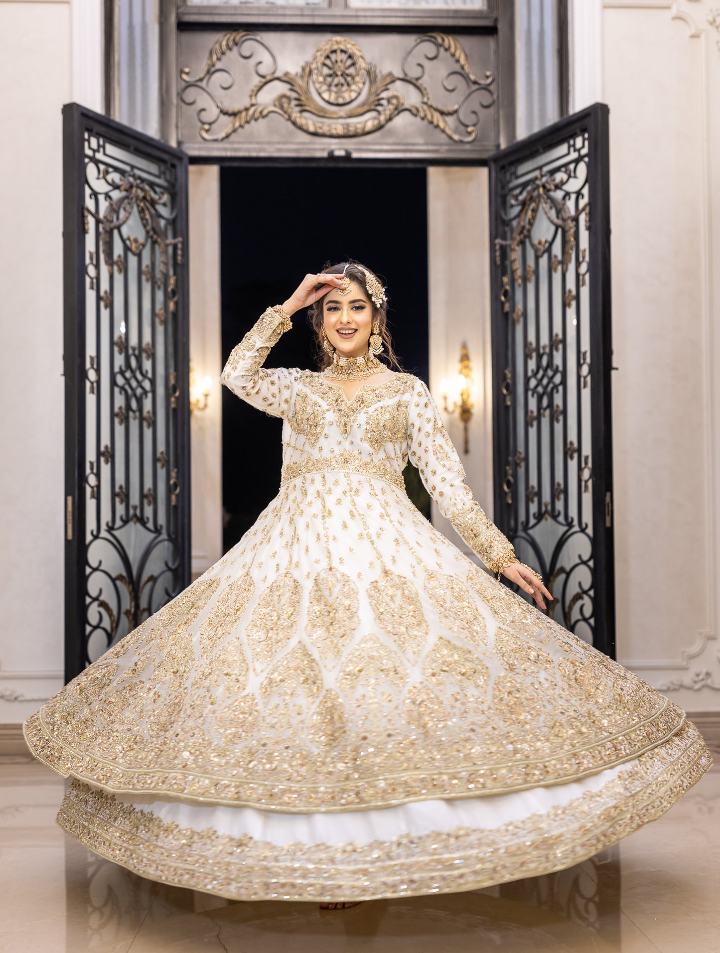 White Pakistani bridal outfit with pure organza shirt and dupatta, paired with silk lehenga – elegant nikkah dress for brides in USA, UK, and Canada.