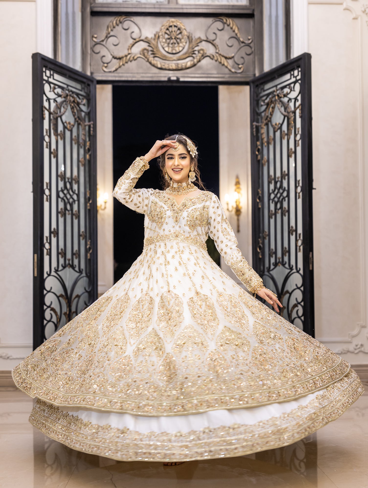 White Pakistani bridal outfit with pure organza shirt and dupatta, paired with silk lehenga – elegant nikkah dress for brides in USA, UK, and Canada.