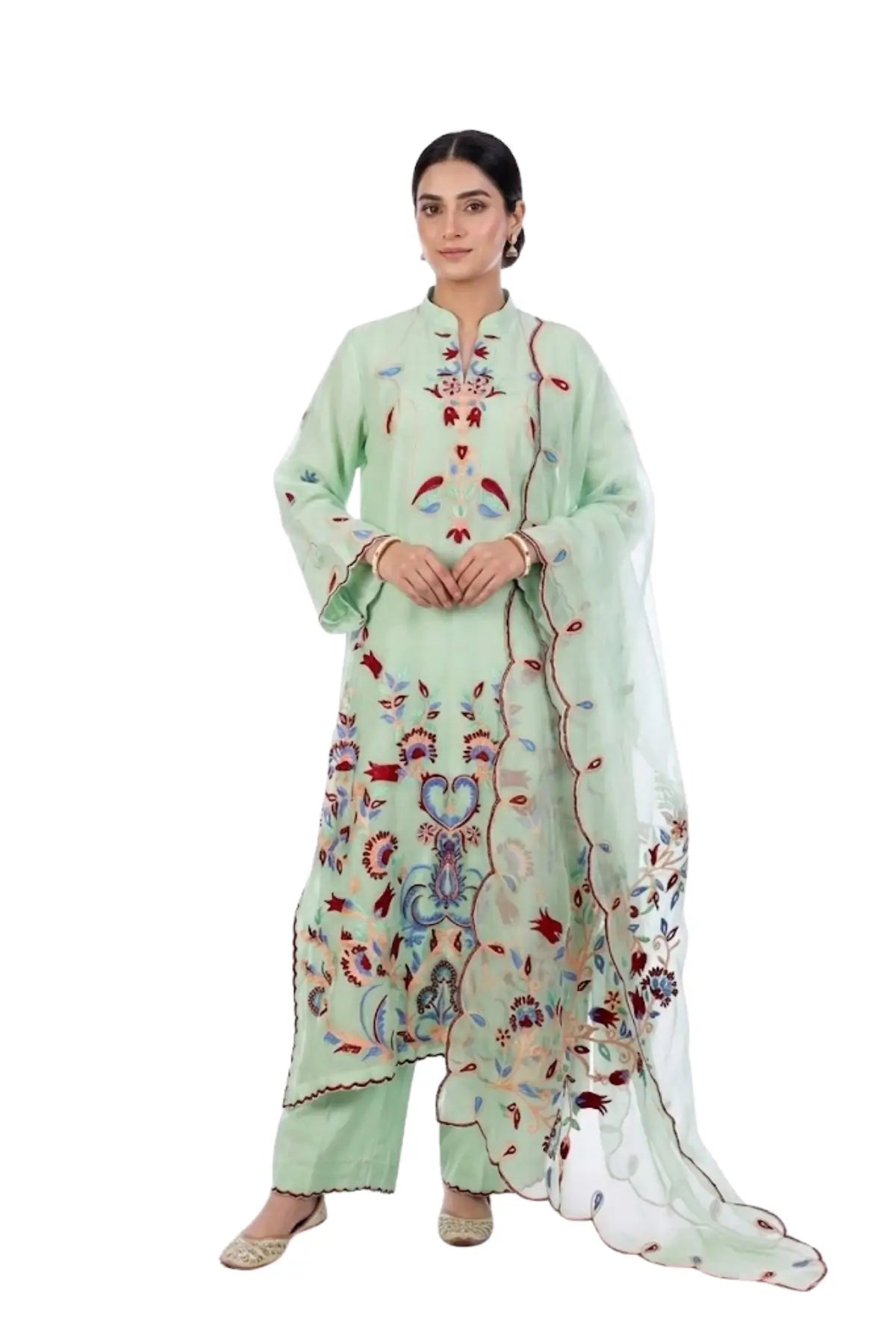 Mahira mint green Korean silk 3PC suit with Aari embroidery and organza dupatta by MariamRaj