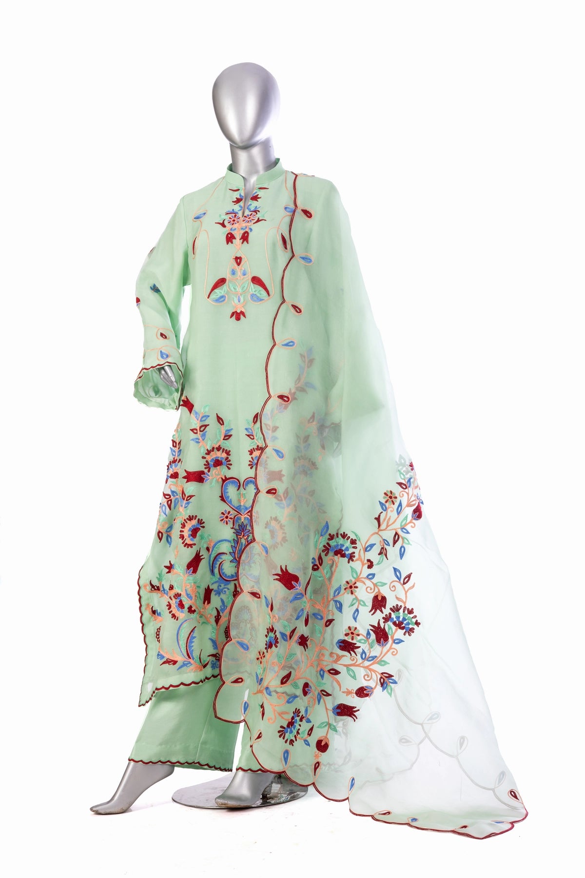 Mahira mint green Korean silk 3PC suit with Aari embroidery and organza dupatta by MariamRaj