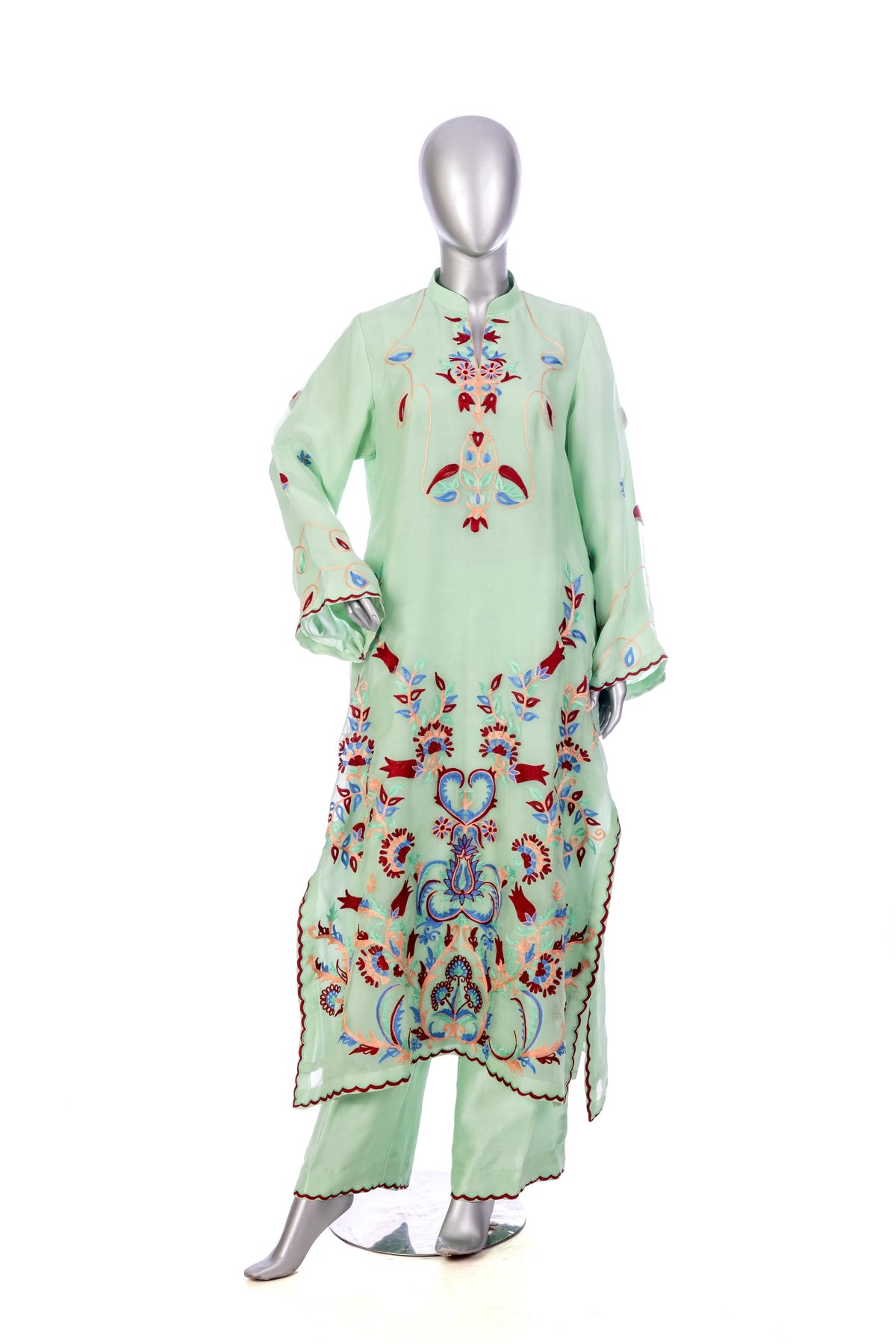 Mahira mint green Korean silk 3PC suit with Aari embroidery and organza dupatta by MariamRaj