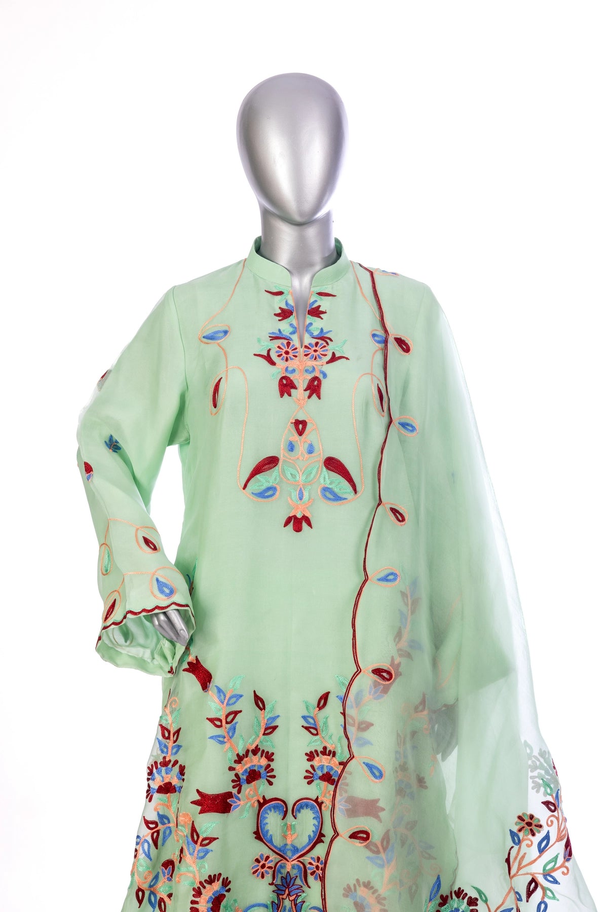Mahira mint green Korean silk 3PC suit with Aari embroidery and organza dupatta by MariamRaj