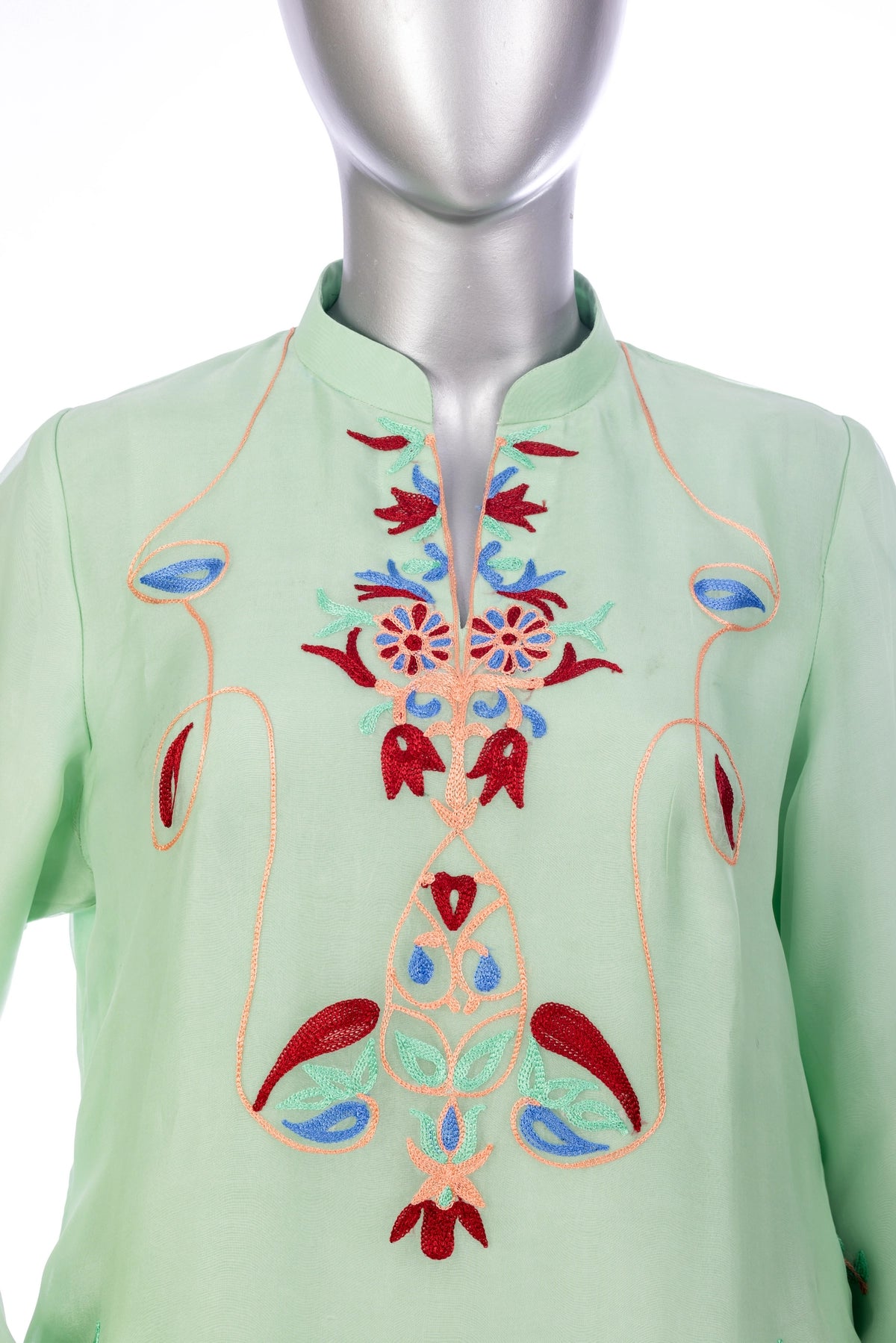 Mahira mint green Korean silk 3PC suit with Aari embroidery and organza dupatta by MariamRaj