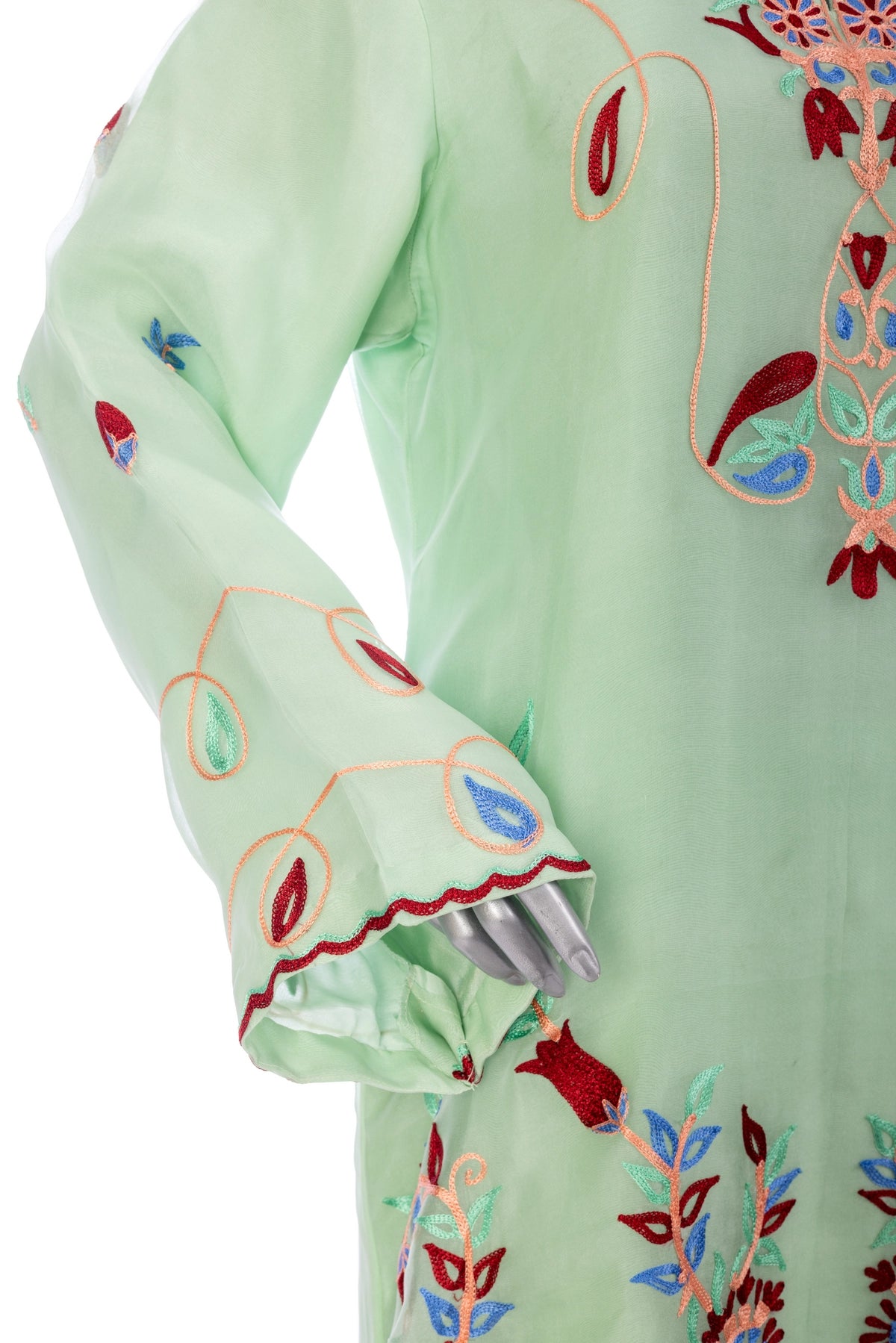 Mahira mint green Korean silk 3PC suit with Aari embroidery and organza dupatta by MariamRaj