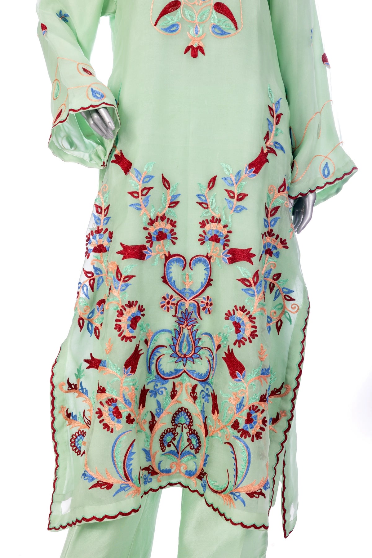 Mahira mint green Korean silk 3PC suit with Aari embroidery and organza dupatta by MariamRaj