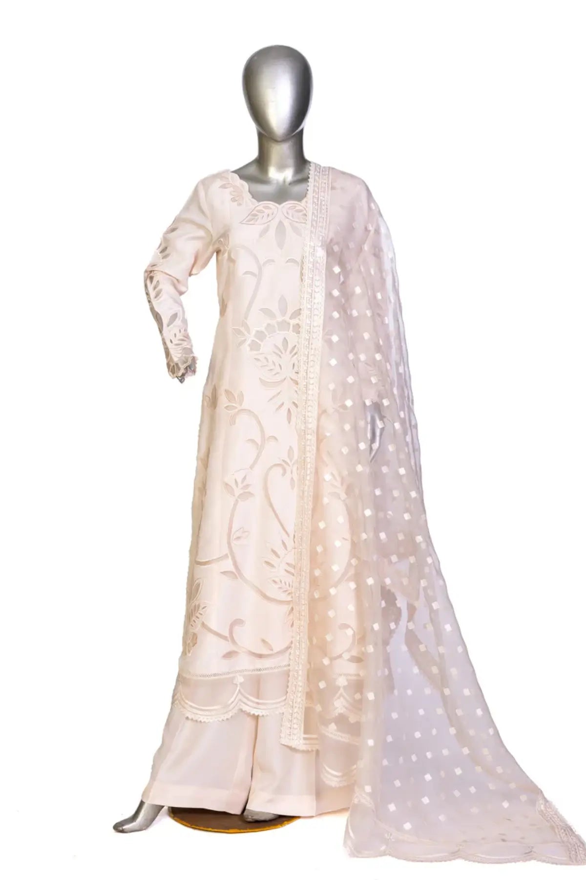 Mahjabeen – Festive Wear Pearl White Suit with Elegant Cutwork