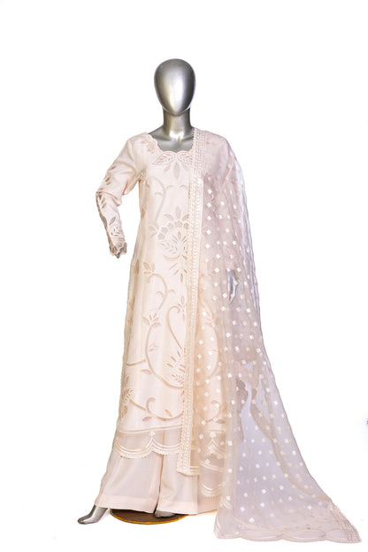 Mahjabeen – Festive Wear Pearl White Suit with Elegant Cutwork