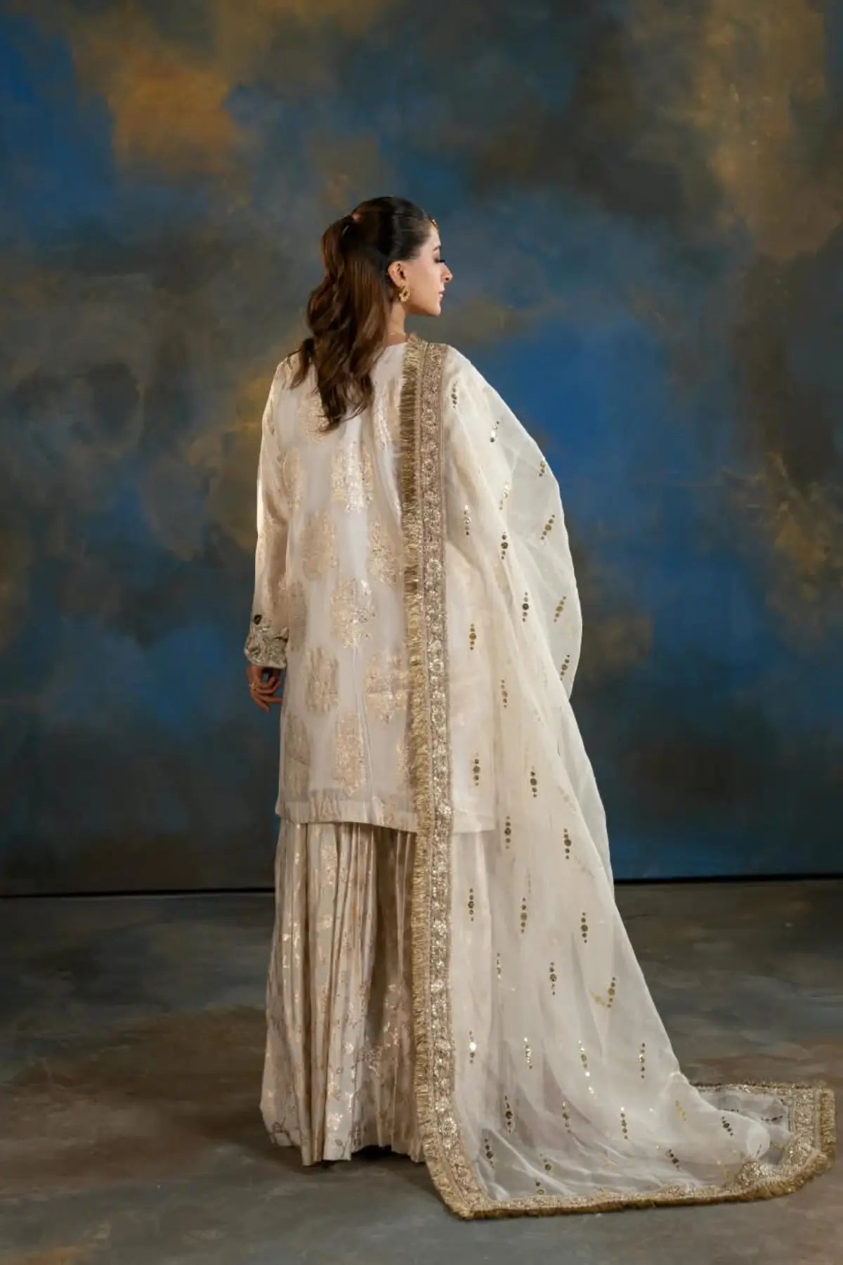Mahpara ivory printed Sheesha Mukesh gharara suit with organza dupatta from Afsanah Collection by MariamRaj