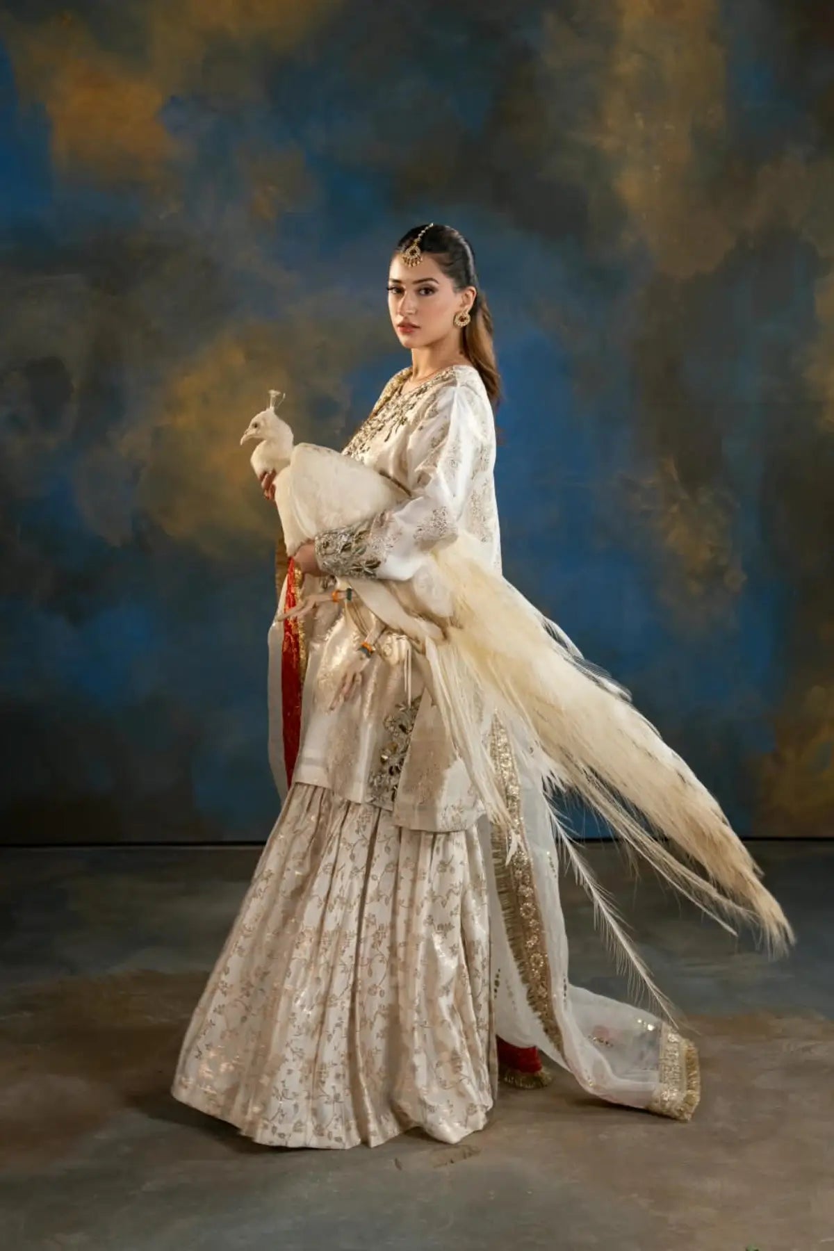 Mahpara ivory printed Sheesha Mukesh gharara suit with organza dupatta from Afsanah Collection by MariamRaj