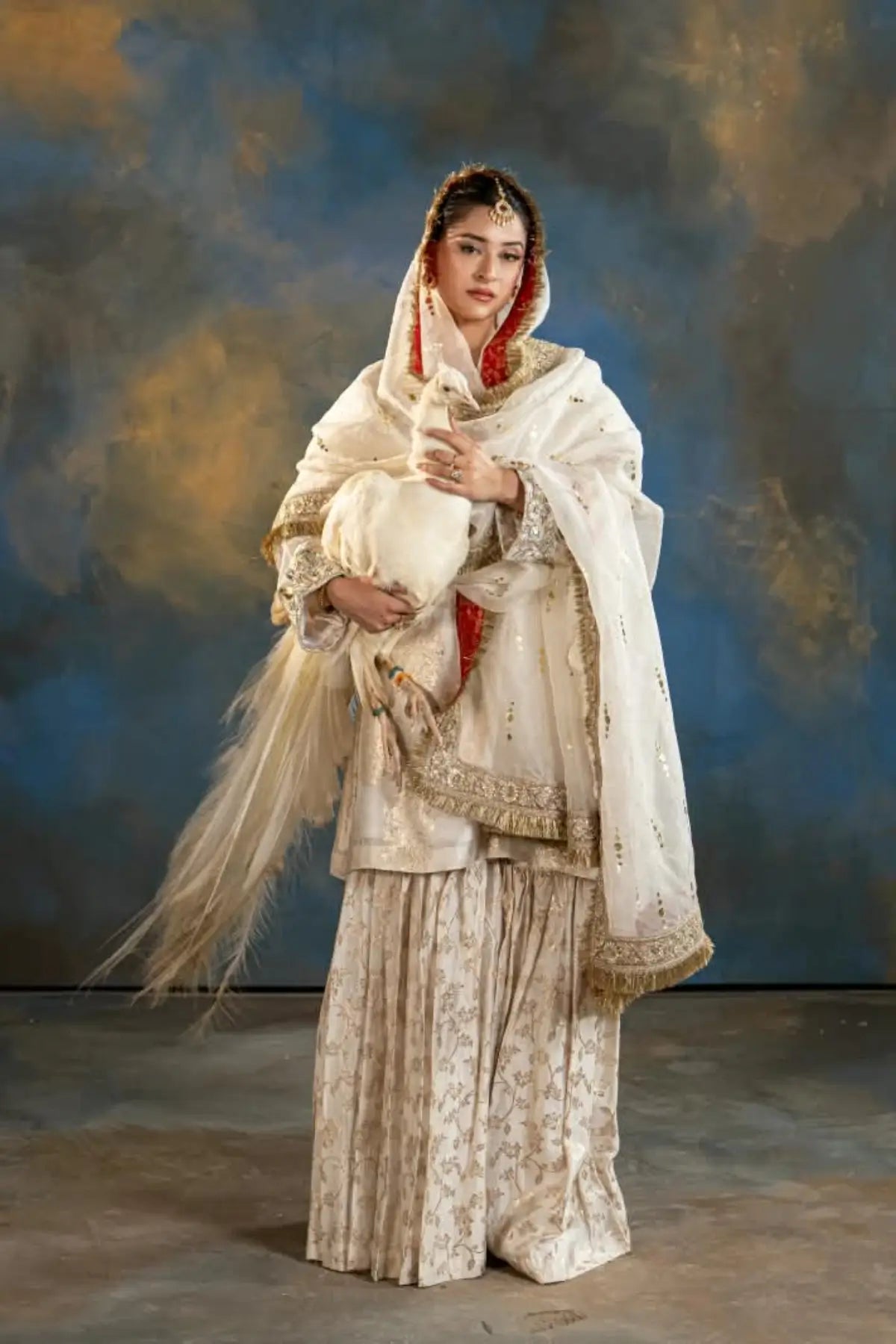 Mahpara ivory printed Sheesha Mukesh gharara suit with organza dupatta from Afsanah Collection by MariamRaj