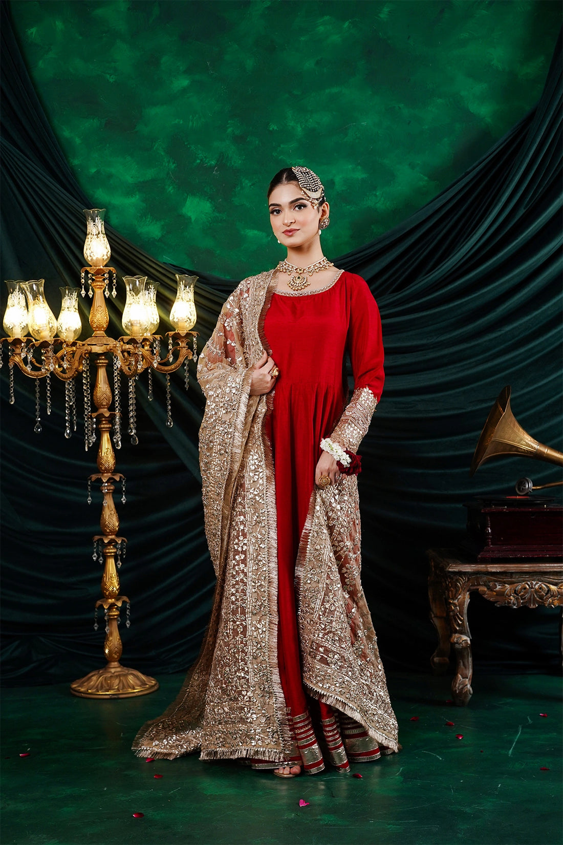 Mehrosh crimson red Korean silk Nazakat Eid festive Anarkali with gold organza dupatta and straight pants by MariamRaj