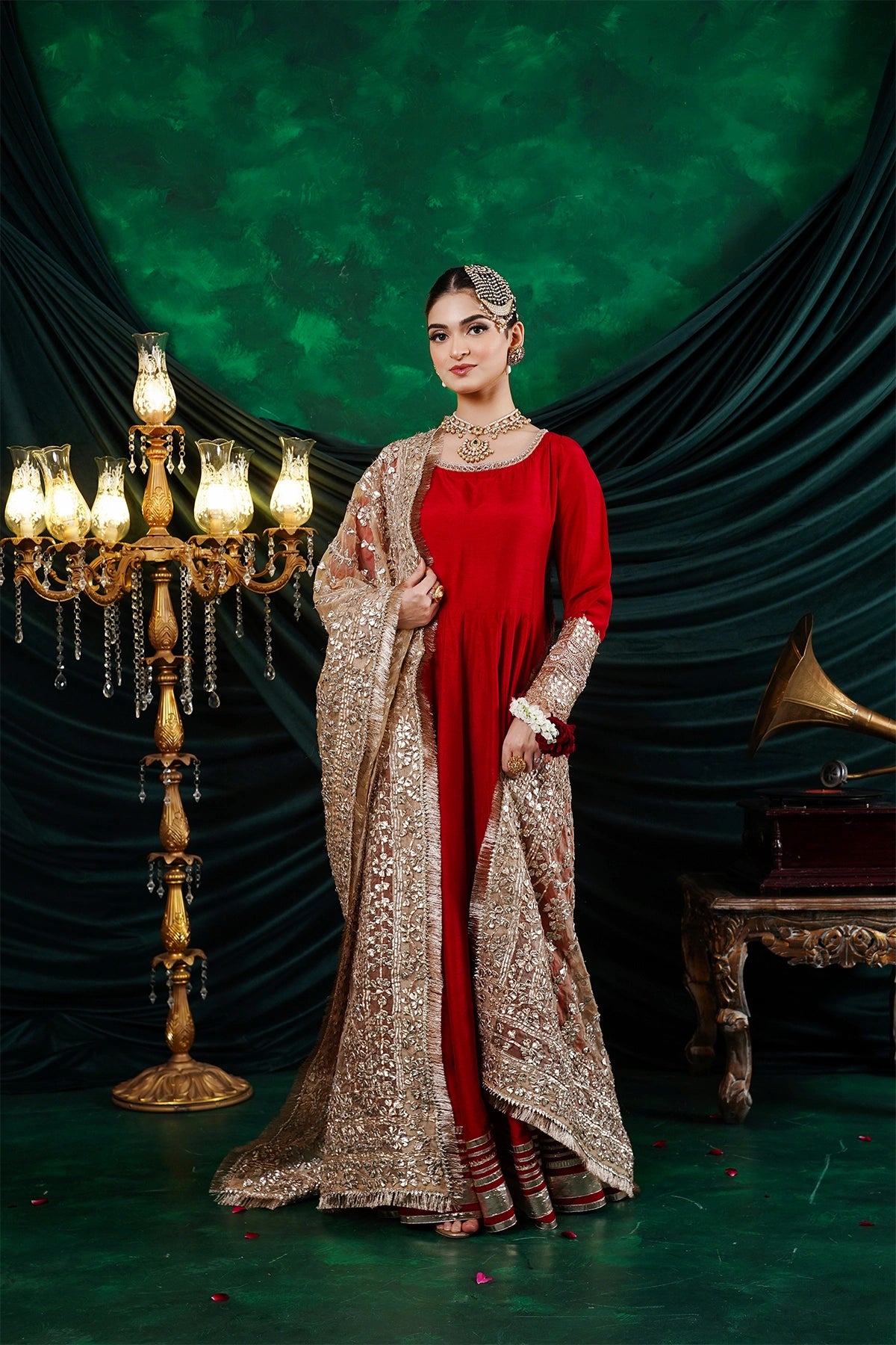 Mehrosh crimson red Korean silk Nazakat Eid festive Anarkali with gold organza dupatta and straight pants by MariamRaj