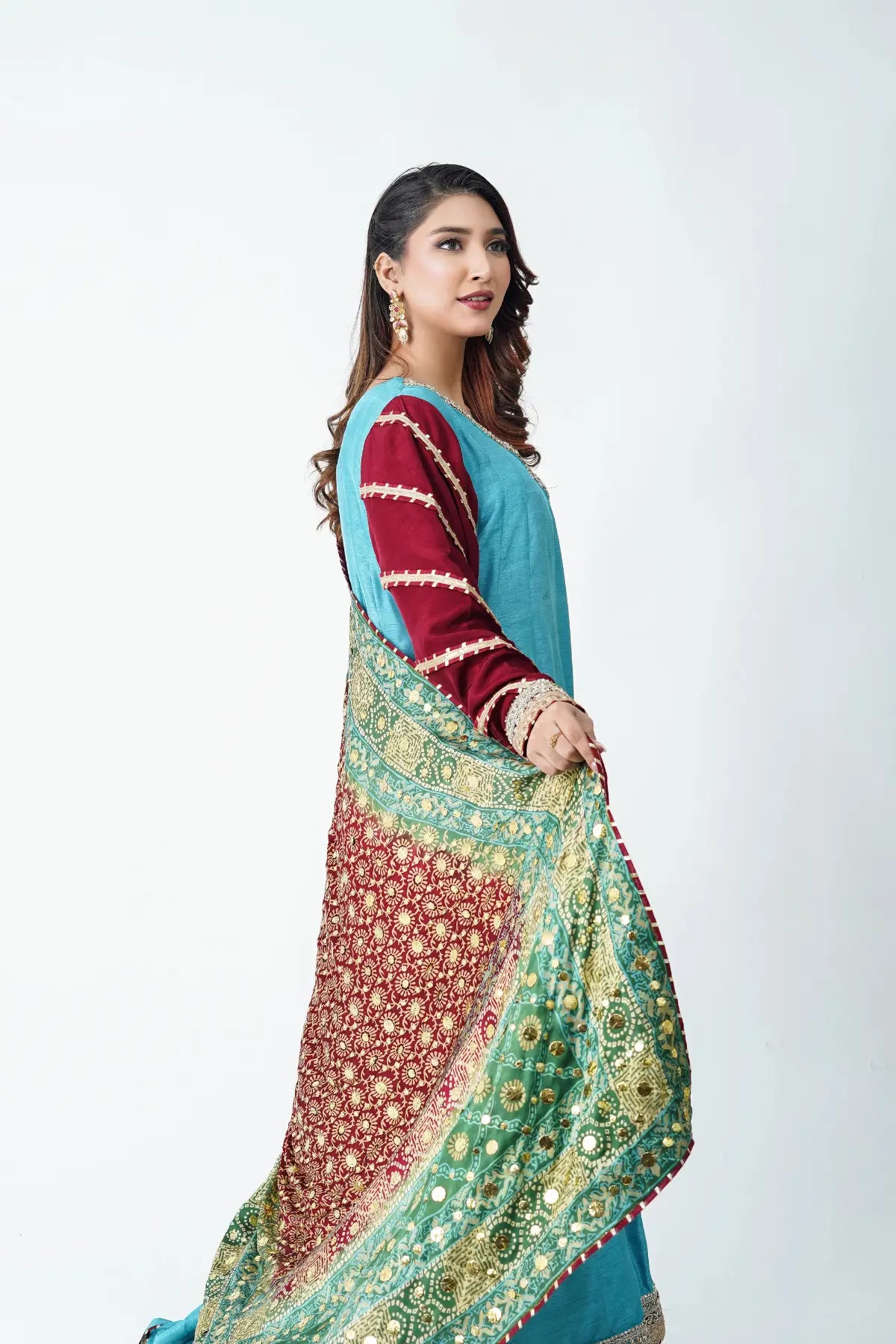 Mehrunisa ferozi maroon Korean silk angrakha 3PC formal suit with kamdani shawl by MariamRaj