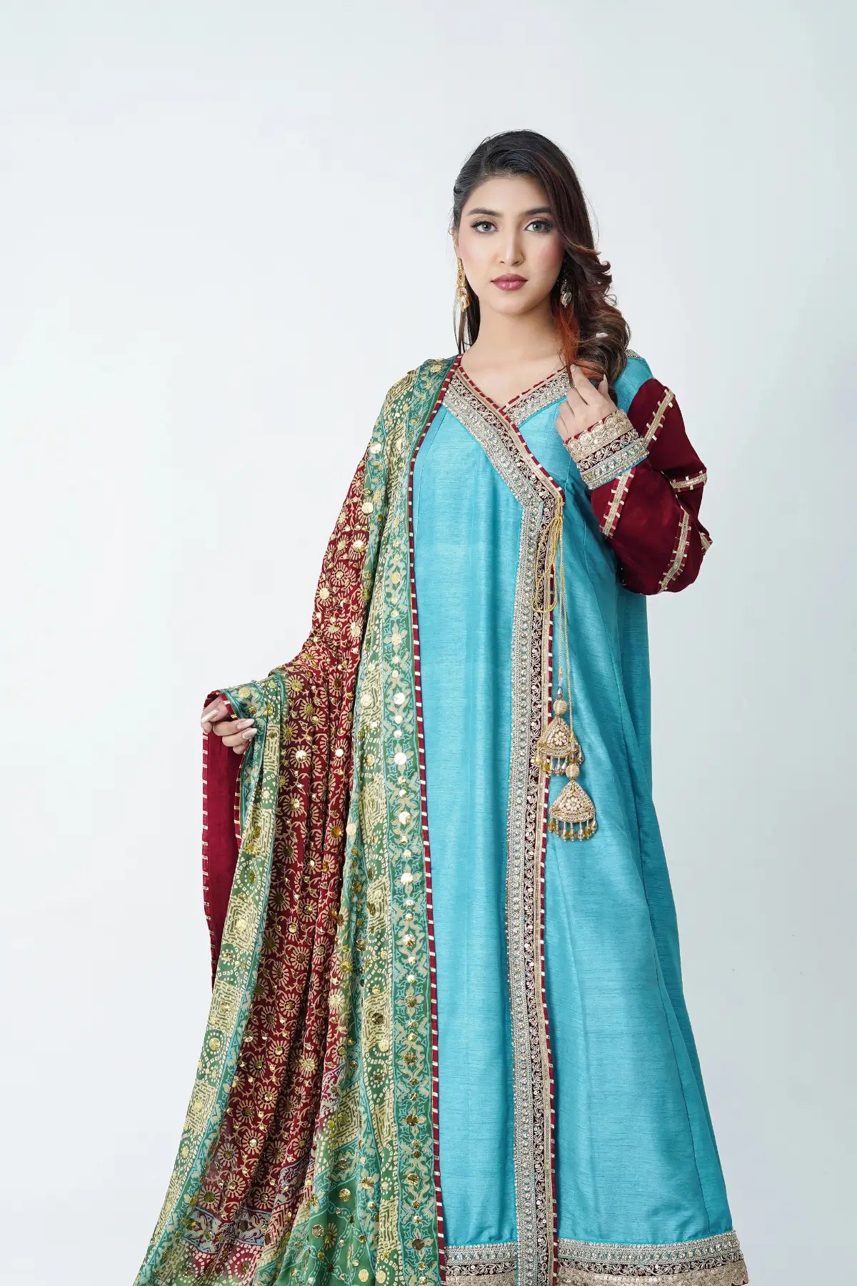 Mehrunisa ferozi maroon Korean silk angrakha 3PC formal suit with kamdani shawl by MariamRaj