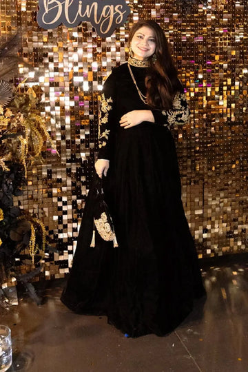 Midnight Sparkle- Designer Velvet Lehnga Choli in Black