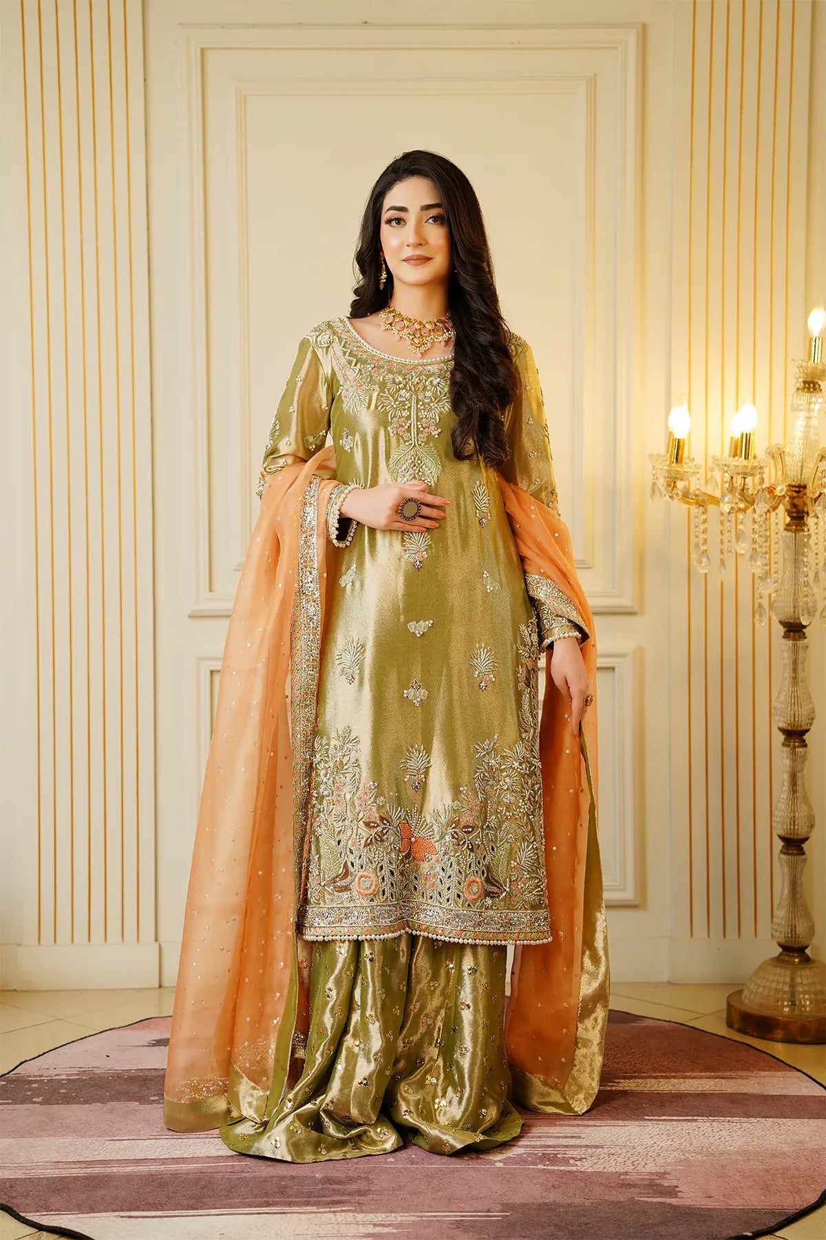 Mint green and peach bridal kamdani sharara 3PC set with organza dupatta for bridal wear