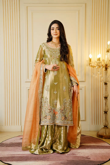 Mint green and peach bridal kamdani sharara 3PC set with organza dupatta for bridal wear