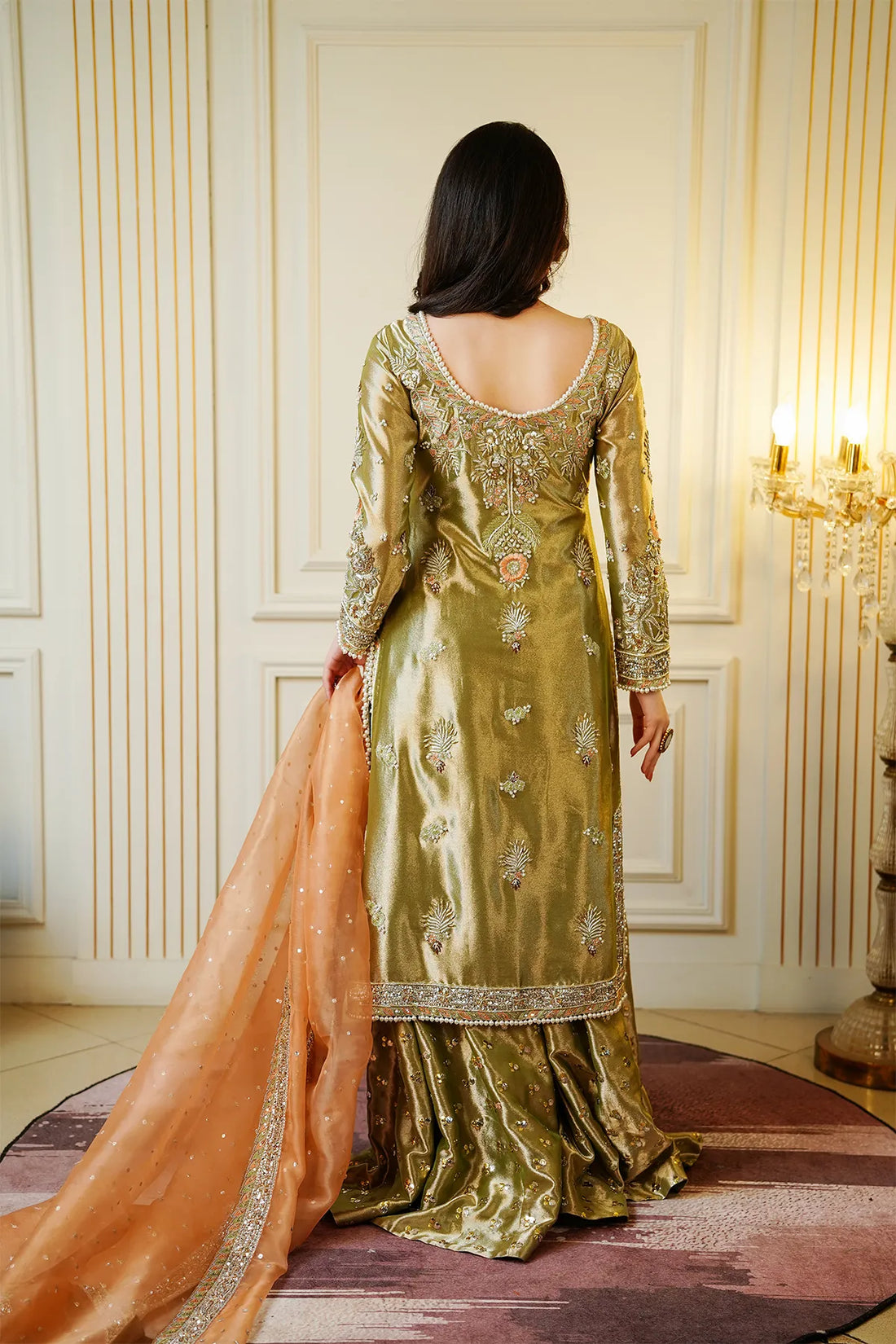 Mint green and peach bridal kamdani sharara 3PC set with organza dupatta for bridal wear