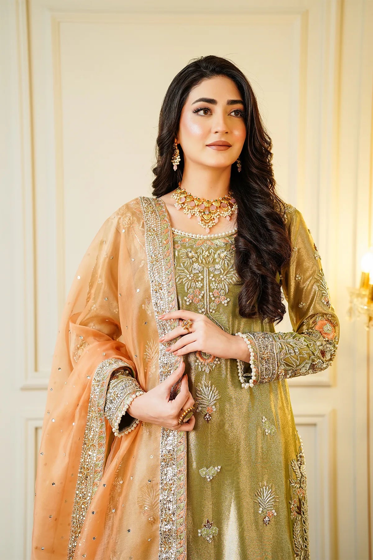 Mint green and peach bridal kamdani sharara 3PC set with organza dupatta for bridal wear