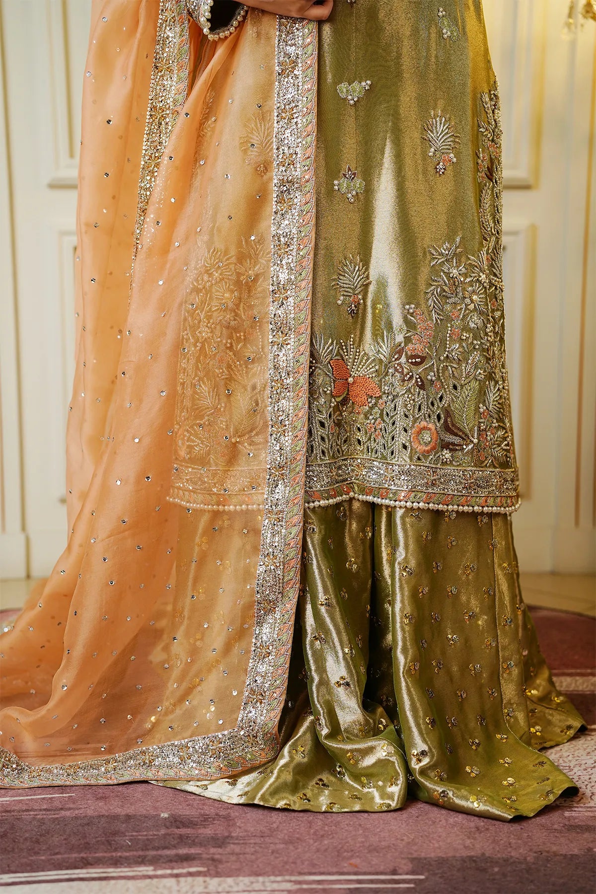 Mint green and peach bridal kamdani sharara 3PC set with organza dupatta for bridal wear