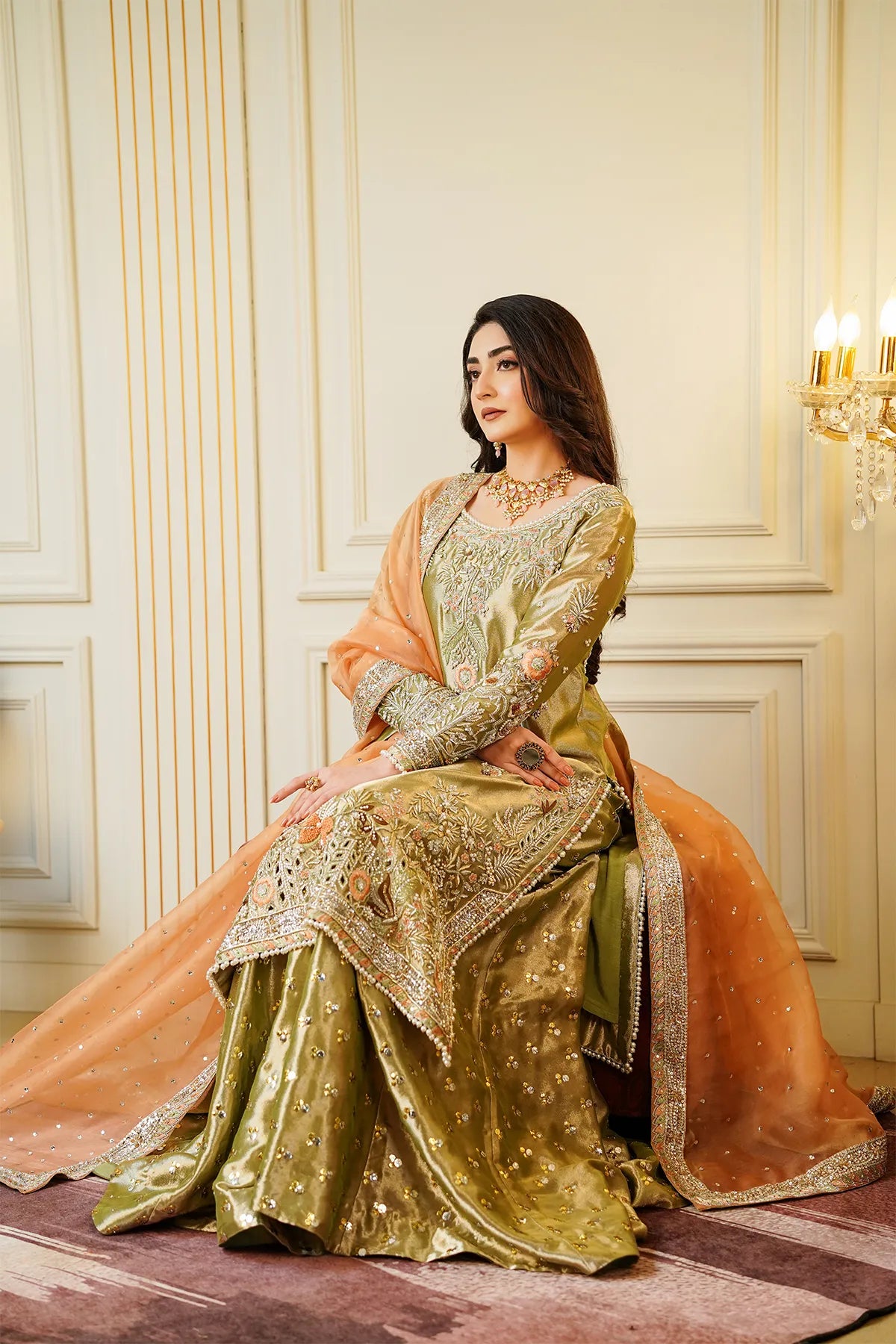 Mint green and peach bridal kamdani sharara 3PC set with organza dupatta for bridal wear