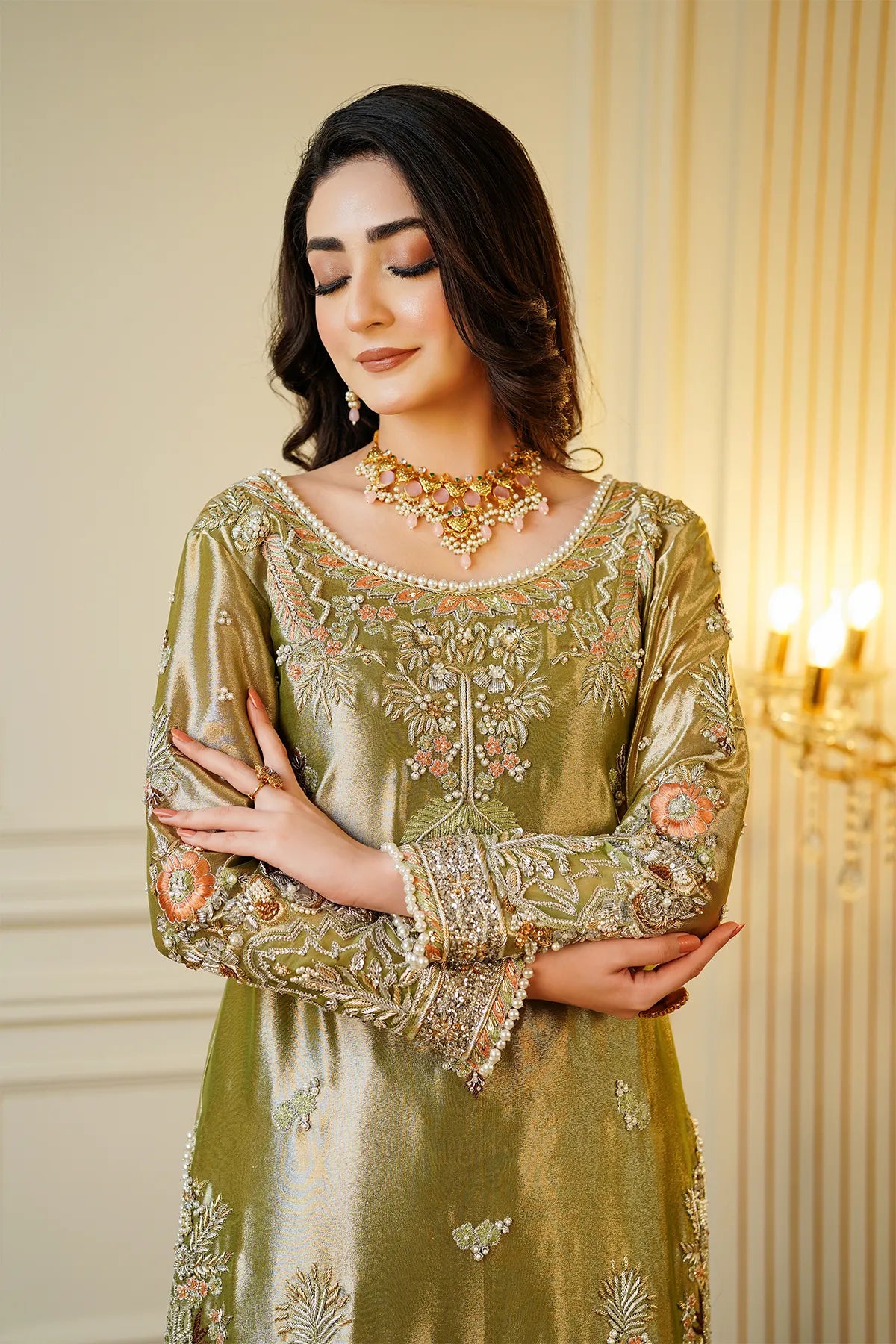 Mint green and peach bridal kamdani sharara 3PC set with organza dupatta for bridal wear