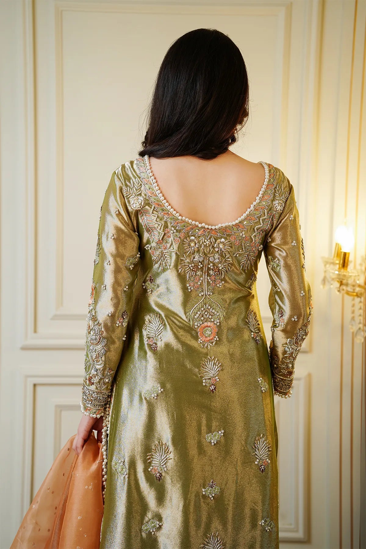 Mint green and peach bridal kamdani sharara 3PC set with organza dupatta for bridal wear