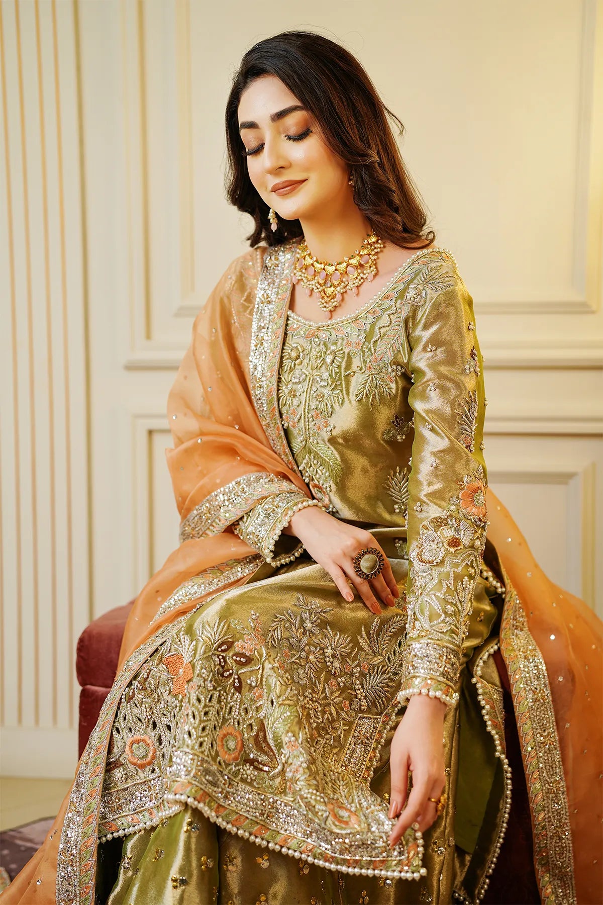 Mint green and peach bridal kamdani sharara 3PC set with organza dupatta for bridal wear