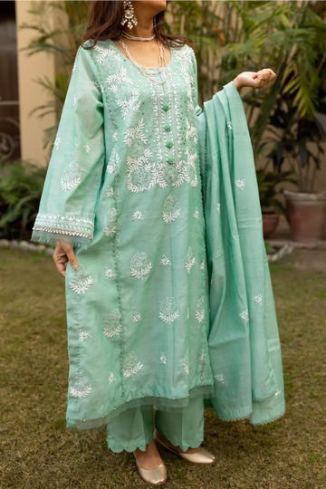 Mint Breeze- Beautiful Mint green Chikan-Kari Suit
