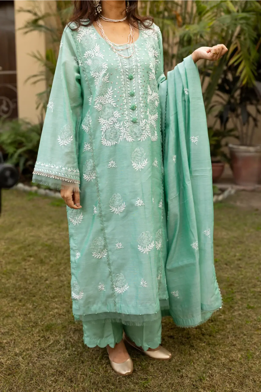 Mint Breeze- Beautiful Mint green Chikan-Kari Suit