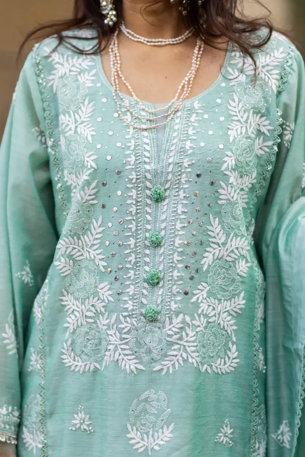 Mint Breeze- Beautiful Mint green Chikan-Kari Suit
