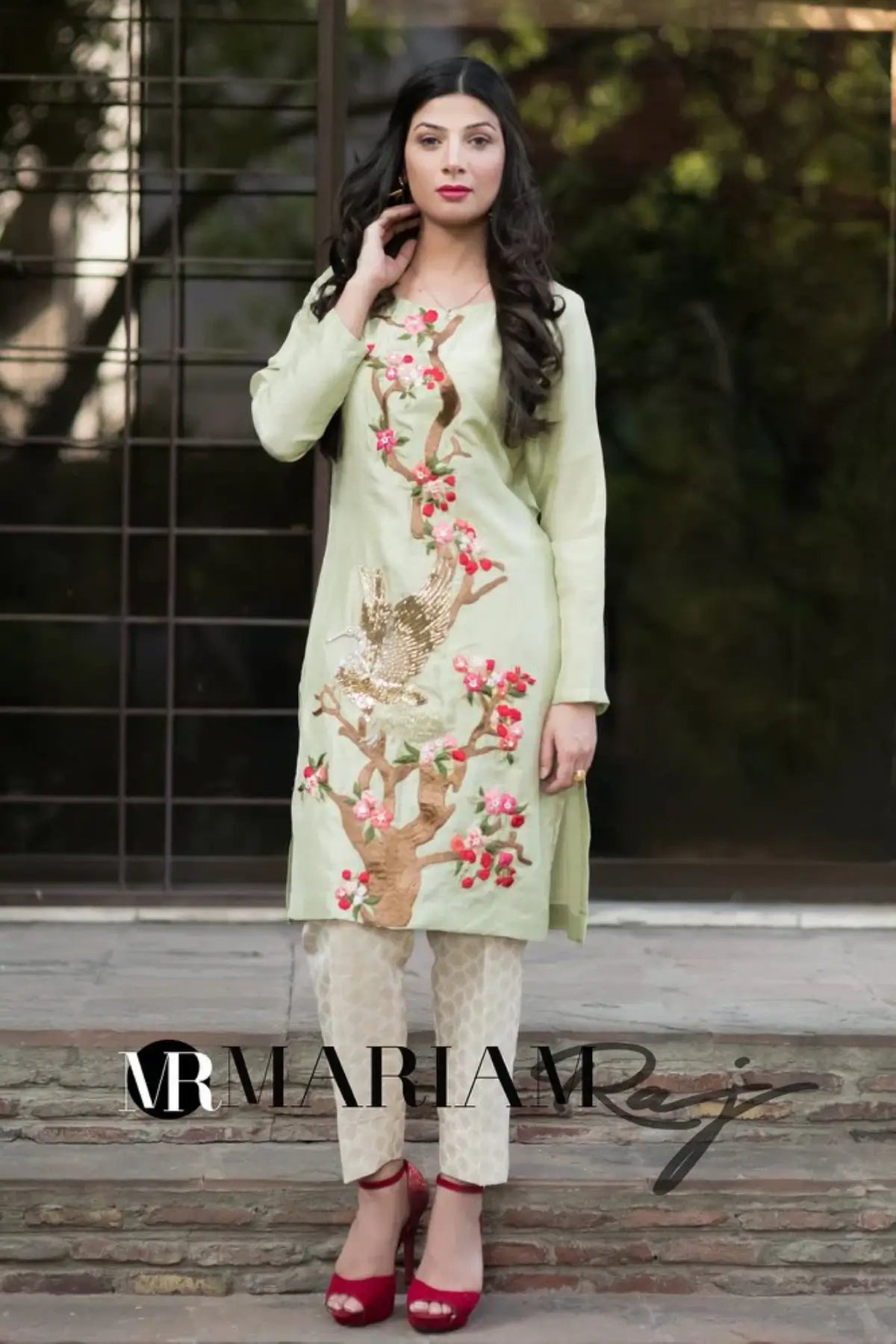 Minty Green- Pakistani Designer Embroidered Party Wear Dress