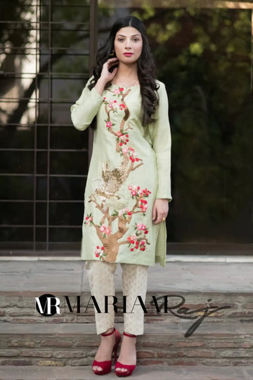 Minty Green- Pakistani Designer Embroidered Party Wear Dress