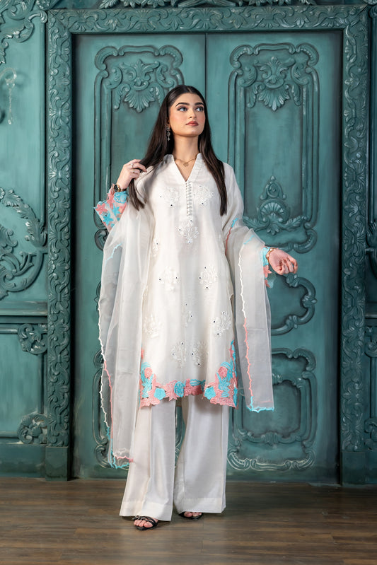 Mishal off-white organza embroidered Pakistani suit MariamRaj
