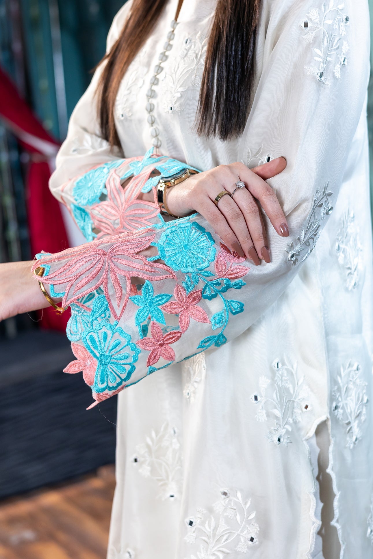 Mishal off-white organza embroidered Pakistani suit MariamRaj