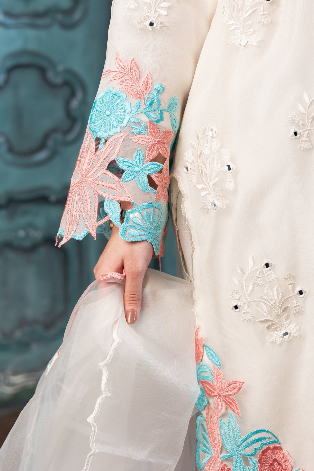 Mishal off-white organza embroidered Pakistani suit MariamRaj