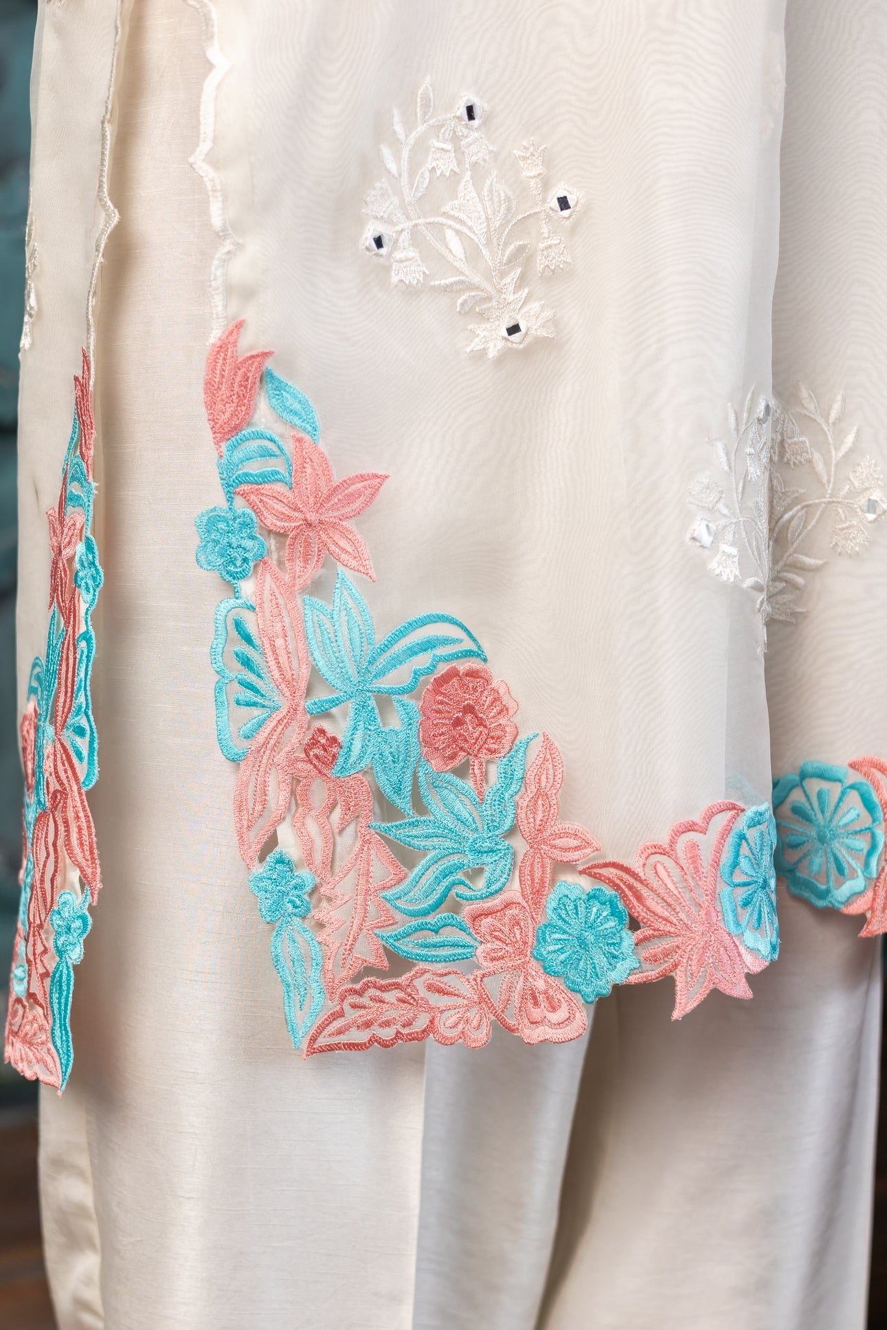 Mishal off-white organza embroidered Pakistani suit MariamRaj