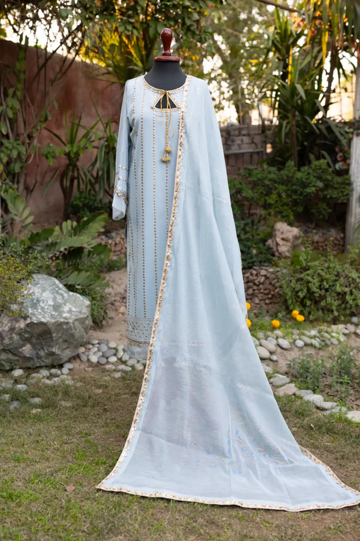 Moonlit Grace- Elegant light Grey Lawn Kamdani Frock