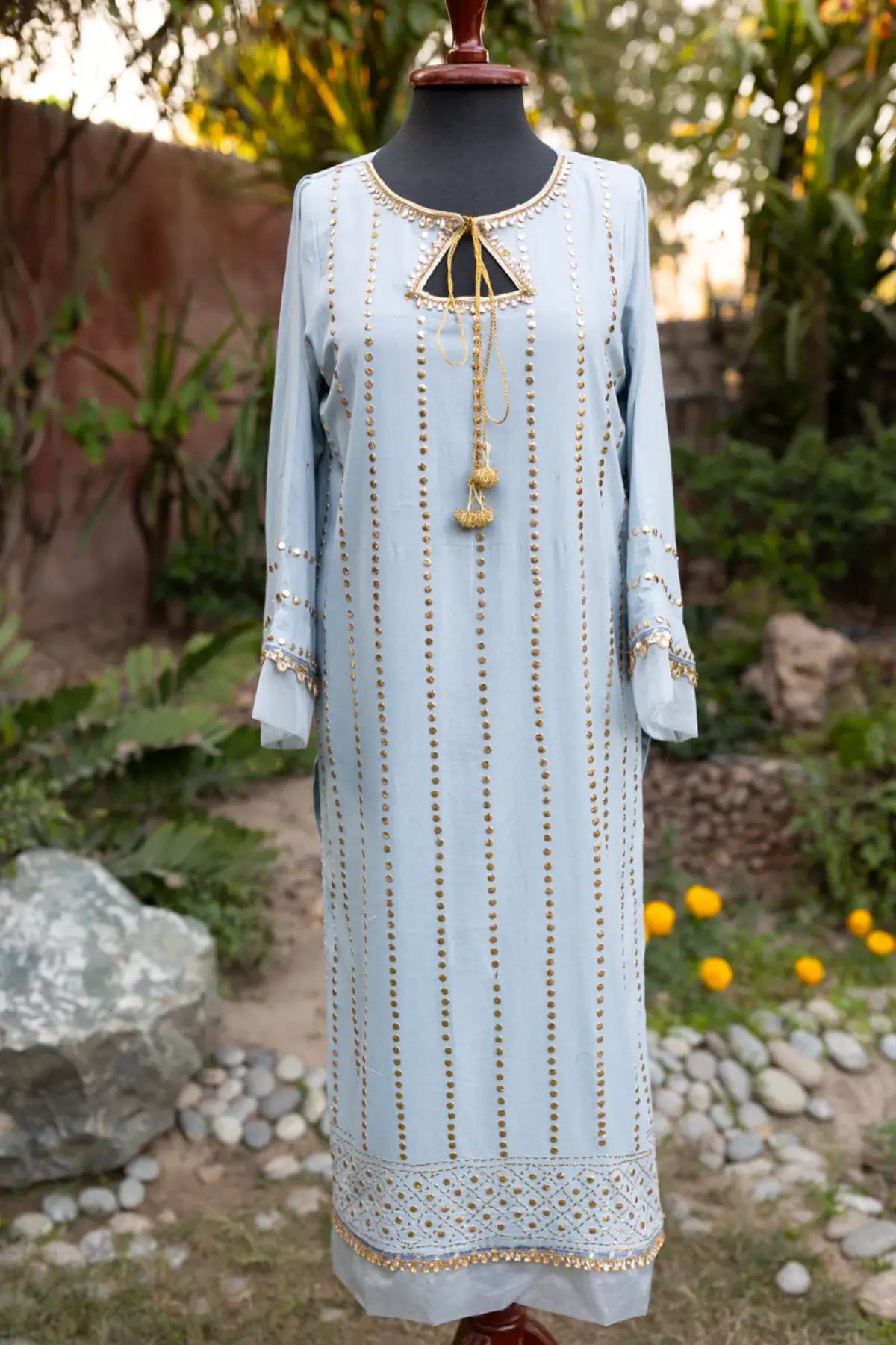 Moonlit Grace- Elegant light Grey Lawn Kamdani Frock