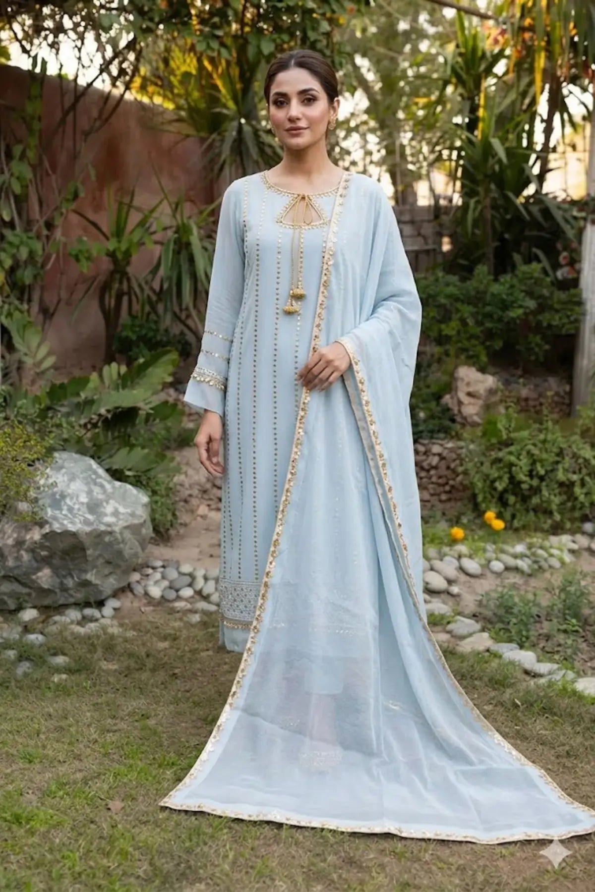 Moonlit Grace- Elegant light Grey Lawn Kamdani Frock
