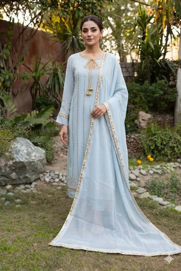 Moonlit Grace- Elegant light Grey Lawn Kamdani Frock