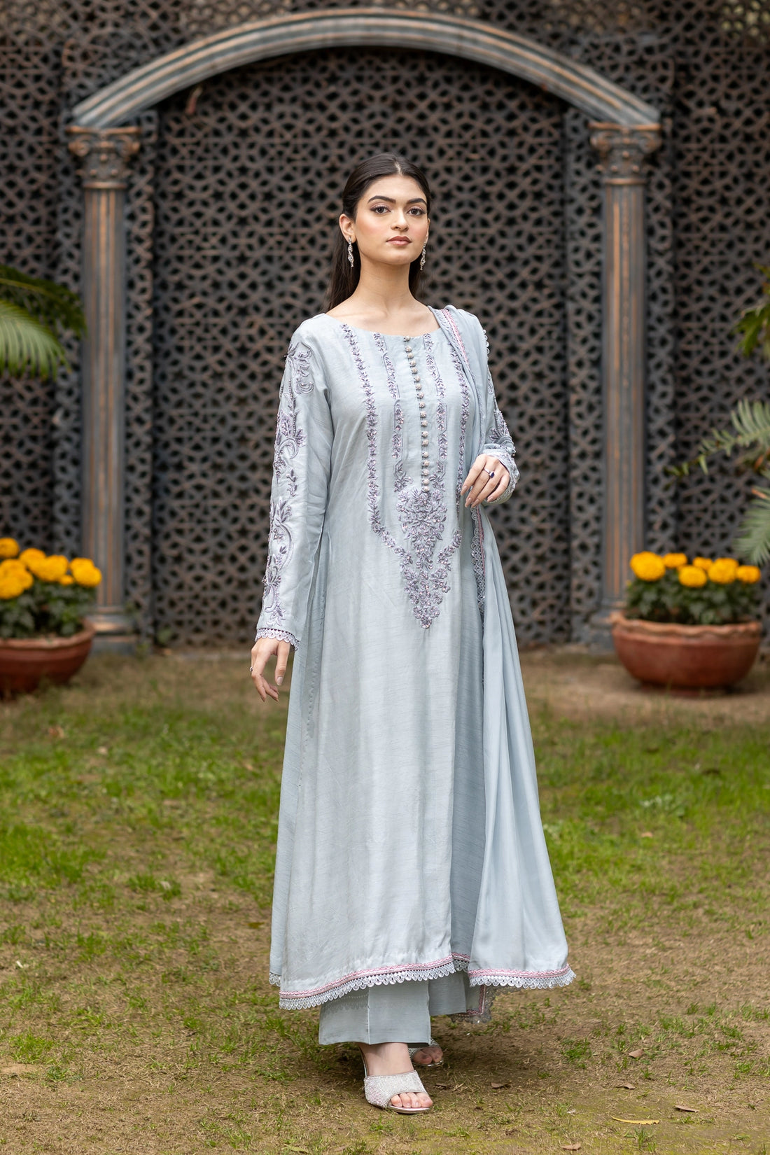 Motia silver grey raw silk 3PC Eid Edit 2026 with Swarovski by MariamRaj